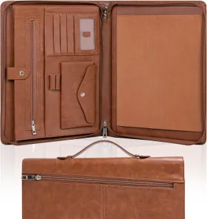 Calfinder Leather Portfolio Organizer for Men & Women, Leather Portfolio Folder with Handle for Ipad/MacBook (Up to 13.3"), Padfolio for Notepad, Phone Pocket and Card Slot, Brown