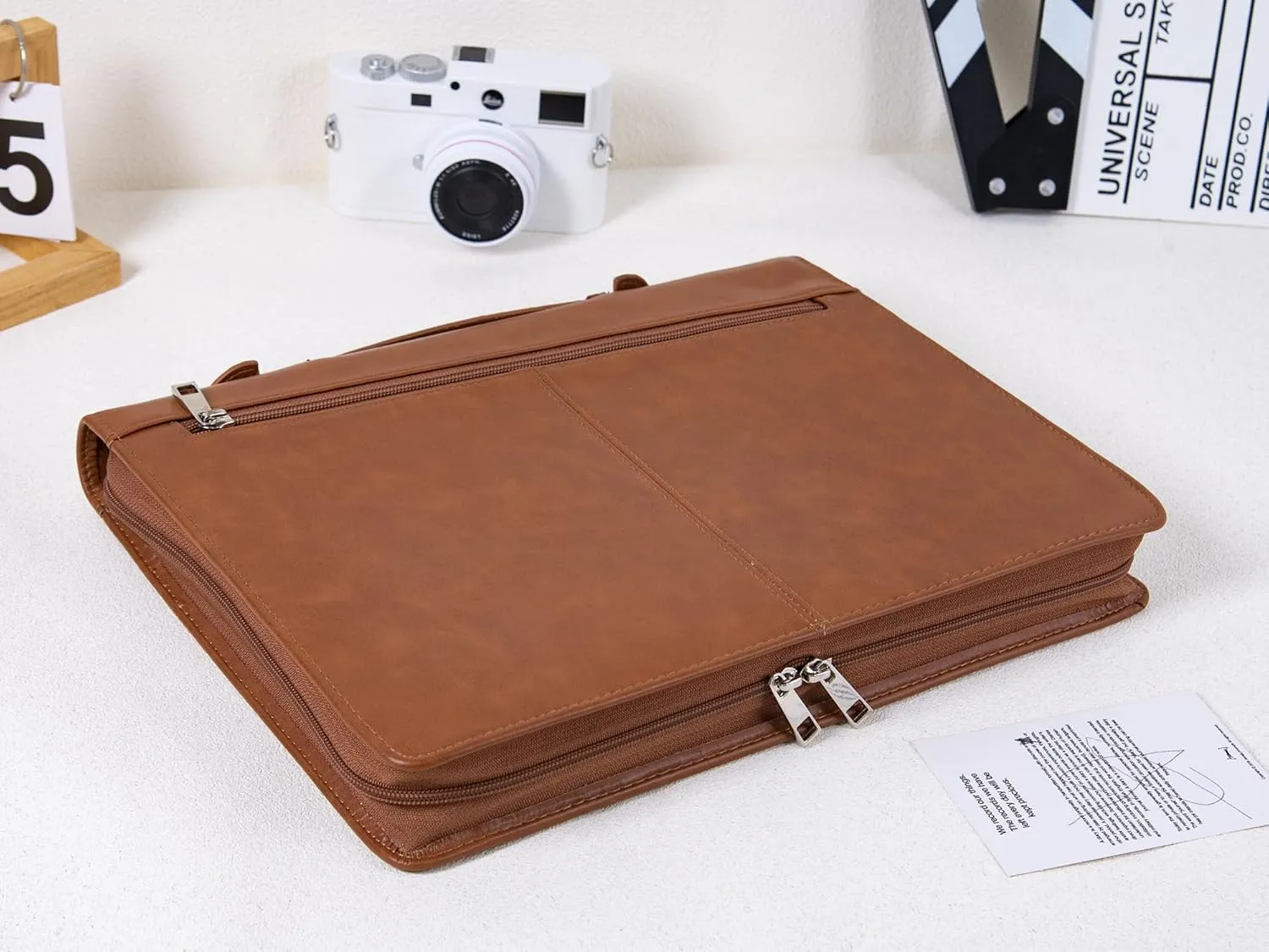 Calfinder Leather Portfolio Organizer for Men & Women, Leather Portfolio Folder with Handle for Ipad/MacBook (Up to 13.3"), Padfolio for Notepad, Phone Pocket and Card Slot, Brown