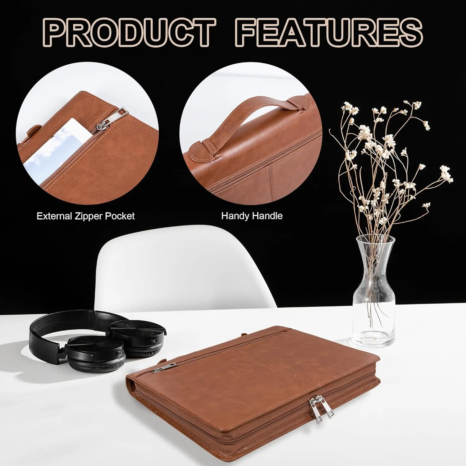 Calfinder Leather Portfolio Organizer for Men & Women, Leather Portfolio Folder with Handle for Ipad/MacBook (Up to 13.3"), Padfolio for Notepad, Phone Pocket and Card Slot, Brown