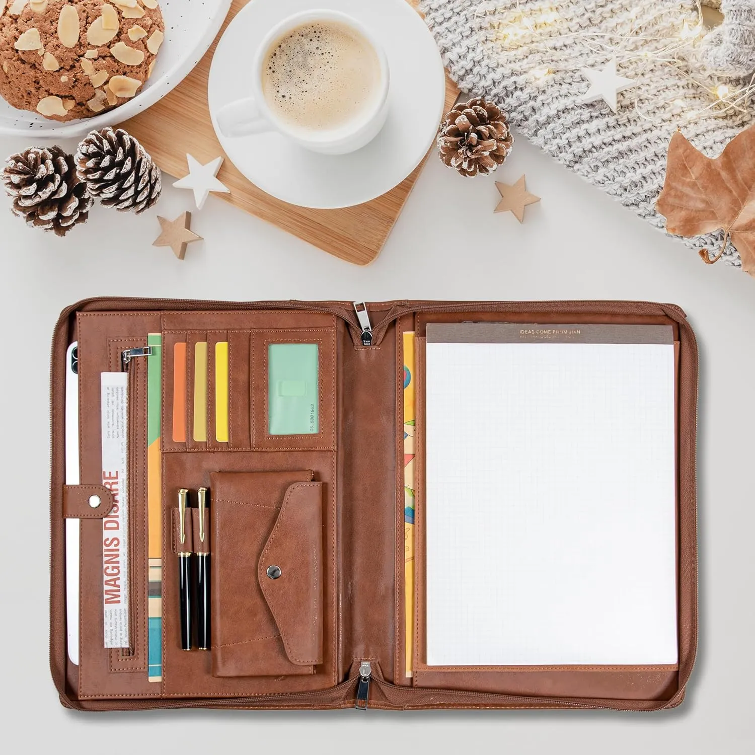 Calfinder Leather Portfolio Organizer for Men & Women, Leather Portfolio Folder with Handle for Ipad/MacBook (Up to 13.3"), Padfolio for Notepad, Phone Pocket and Card Slot, Brown