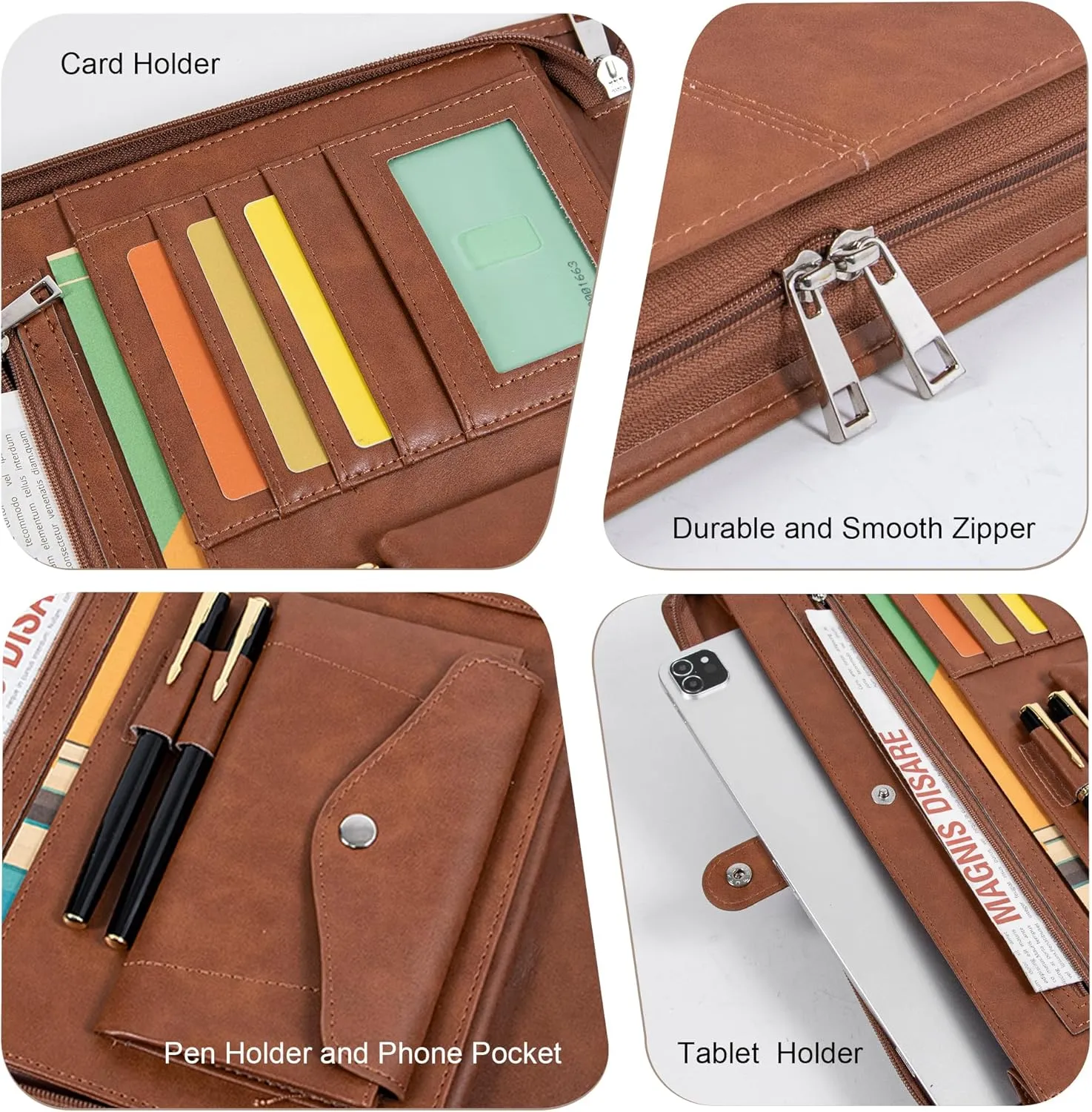 Calfinder Leather Portfolio Organizer for Men & Women, Leather Portfolio Folder with Handle for Ipad/MacBook (Up to 13.3"), Padfolio for Notepad, Phone Pocket and Card Slot, Brown