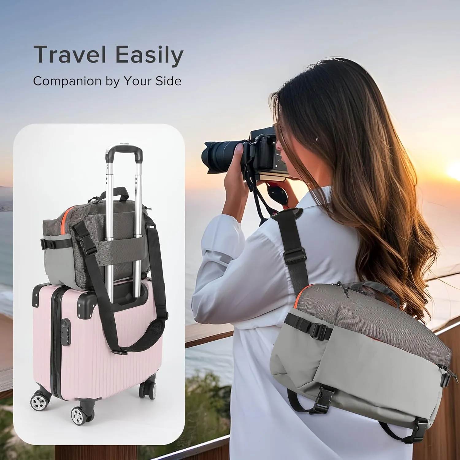 Camera Sling Bag for Travel Grey – Waterproof Crossbody DSLR Bag with Rain Cover & Tripod Holder, Ultra Lightweight Design Fits Canon/Nikon/Sony Mirrorless Cameras