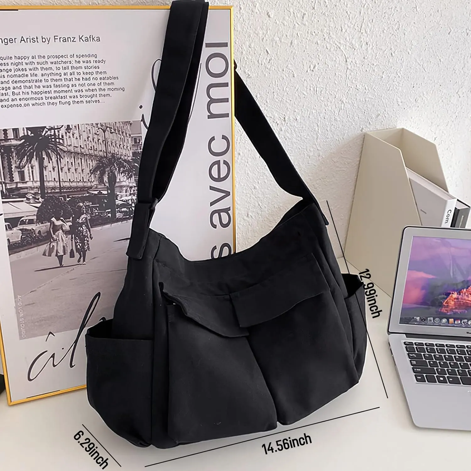 Canvas Messenger Bag Large Crossbody Bag Hobo Shoulder Handbags Multi Pocket Denim Tote Bag for Women and Men