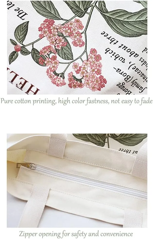 Canvas Tote Bag, Zippered Tote Bag with Interior Pocket, Floral By Shoulder Tote Bag, Retro Large-Capacity Tote Bag