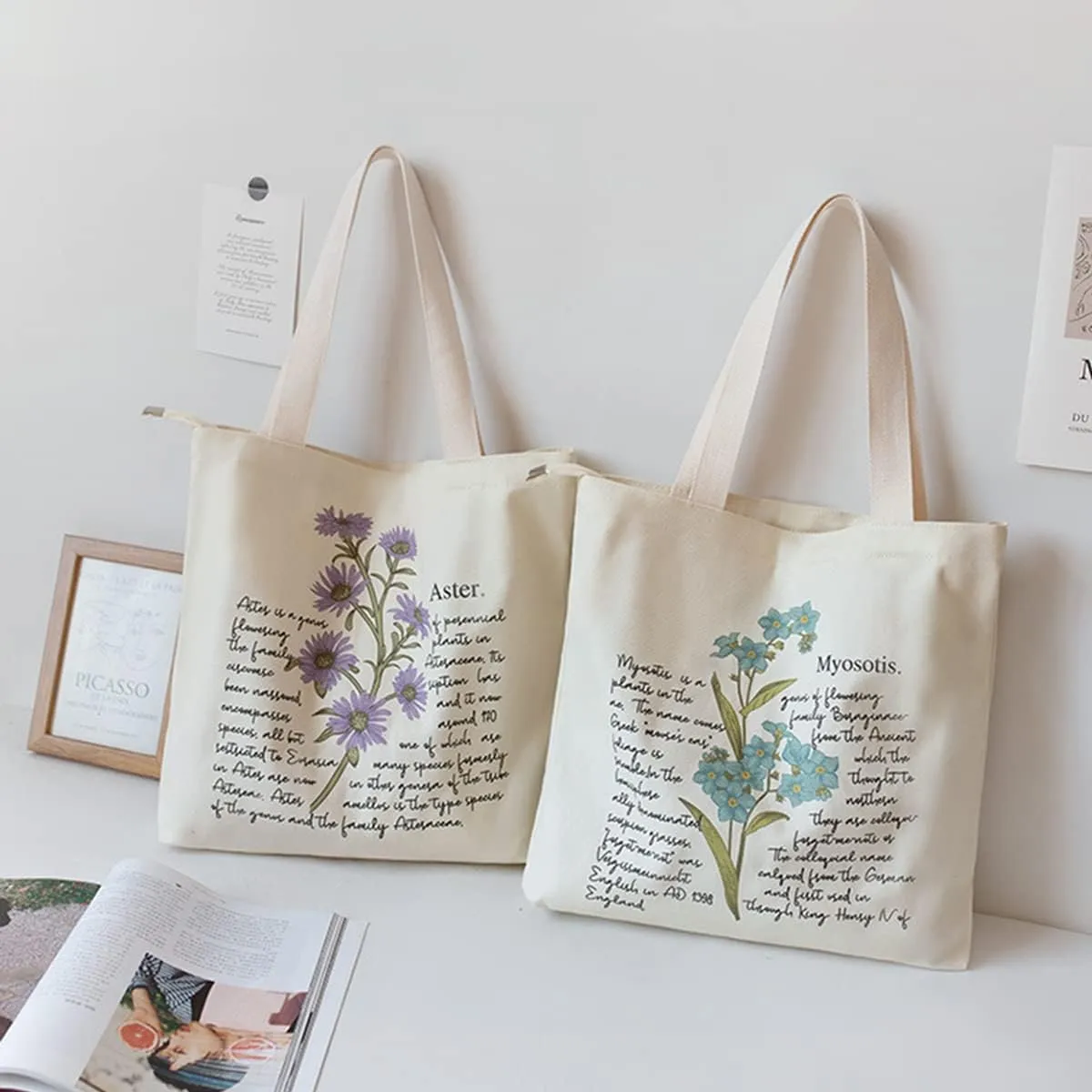 Canvas Tote Bag, Zippered Tote Bag with Interior Pocket, Floral By Shoulder Tote Bag, Retro Large-Capacity Tote Bag