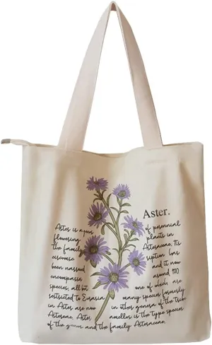 Canvas Tote Bag, Zippered Tote Bag with Interior Pocket, Floral By Shoulder Tote Bag, Retro Large-Capacity Tote Bag
