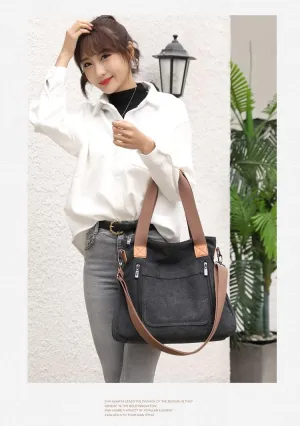 Canvas Tote Purse for Women Work Shoulder Crossbody Bag Vintage Multi-pocket Handbags