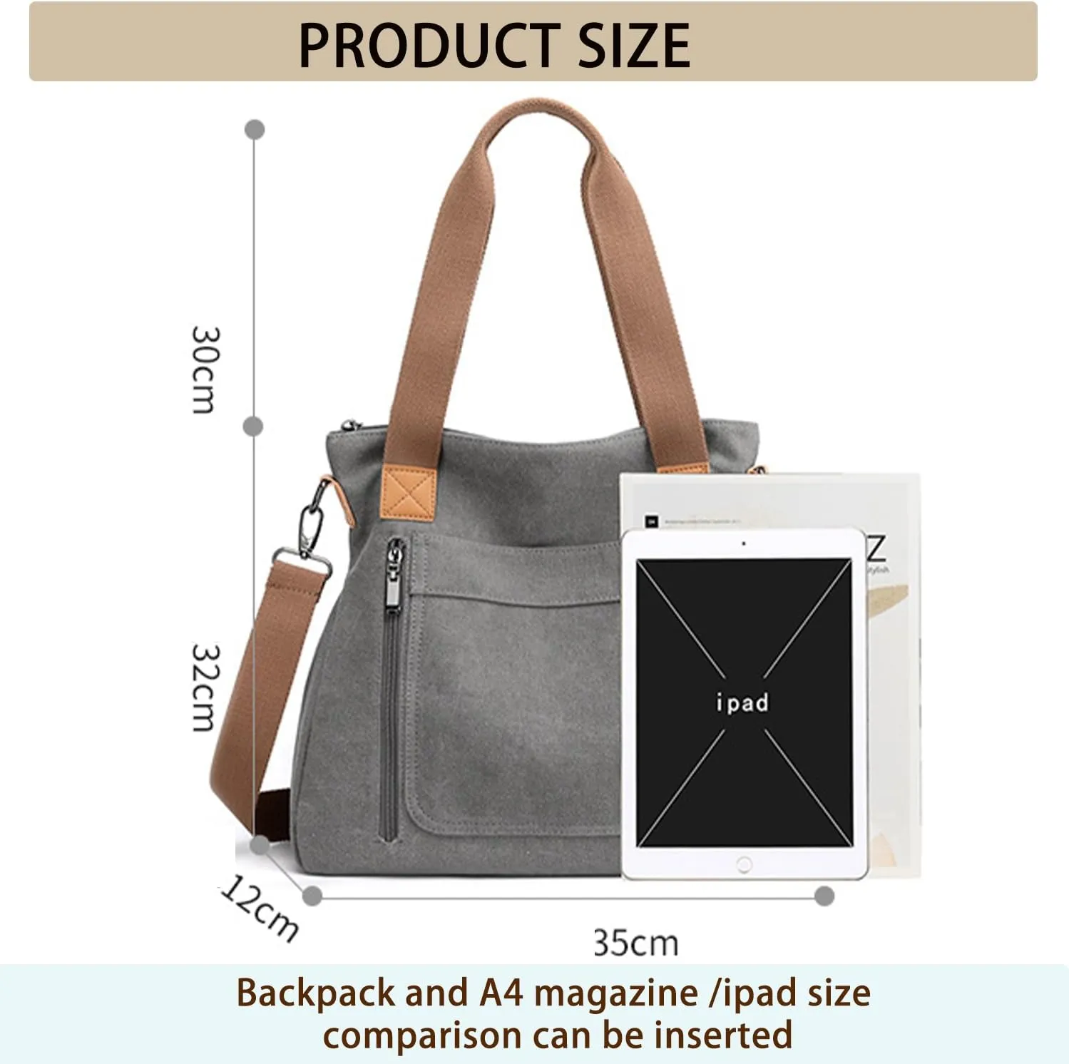Canvas Tote Purse for Women Work Shoulder Crossbody Bag Vintage Multi-pocket Handbags