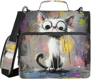 Cartoon Cat Office Binder Organizer with Shoulder Strap & Handle Easy to Carry 1.5 Inch 3 Rings Pencil Case Portfolio Binder Documents Files Organizer