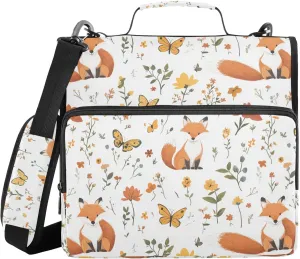 Cartoon Fox White Zippered Binder Bag with Shoulder Strap & Handle Waterproof 1.5 Inch 3 Rings Pencil Cases Portfolio Binder Office Files Organizer