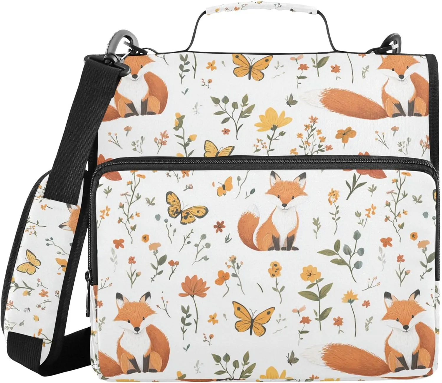 Cartoon Fox White Zippered Binder Bag with Shoulder Strap & Handle Waterproof 1.5 Inch 3 Rings Pencil Cases Portfolio Binder Office Files Organizer