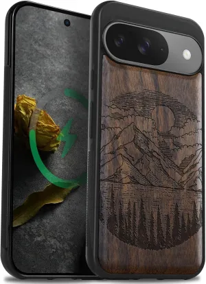 Carveit Magnetic Wooden Case for Google Pixel 9 Case, Wood Artisan Engraved & Soft TPU Shockproof Cover, Compatible with MagSafe Wireless Chargers (Alpine Lakes) Walnut