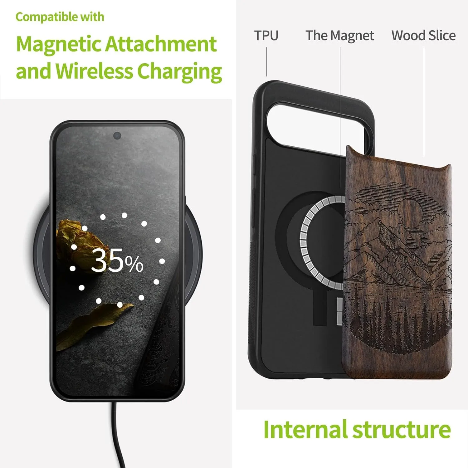 Carveit Magnetic Wooden Case for Google Pixel 9 Case, Wood Artisan Engraved & Soft TPU Shockproof Cover, Compatible with MagSafe Wireless Chargers (Alpine Lakes) Walnut