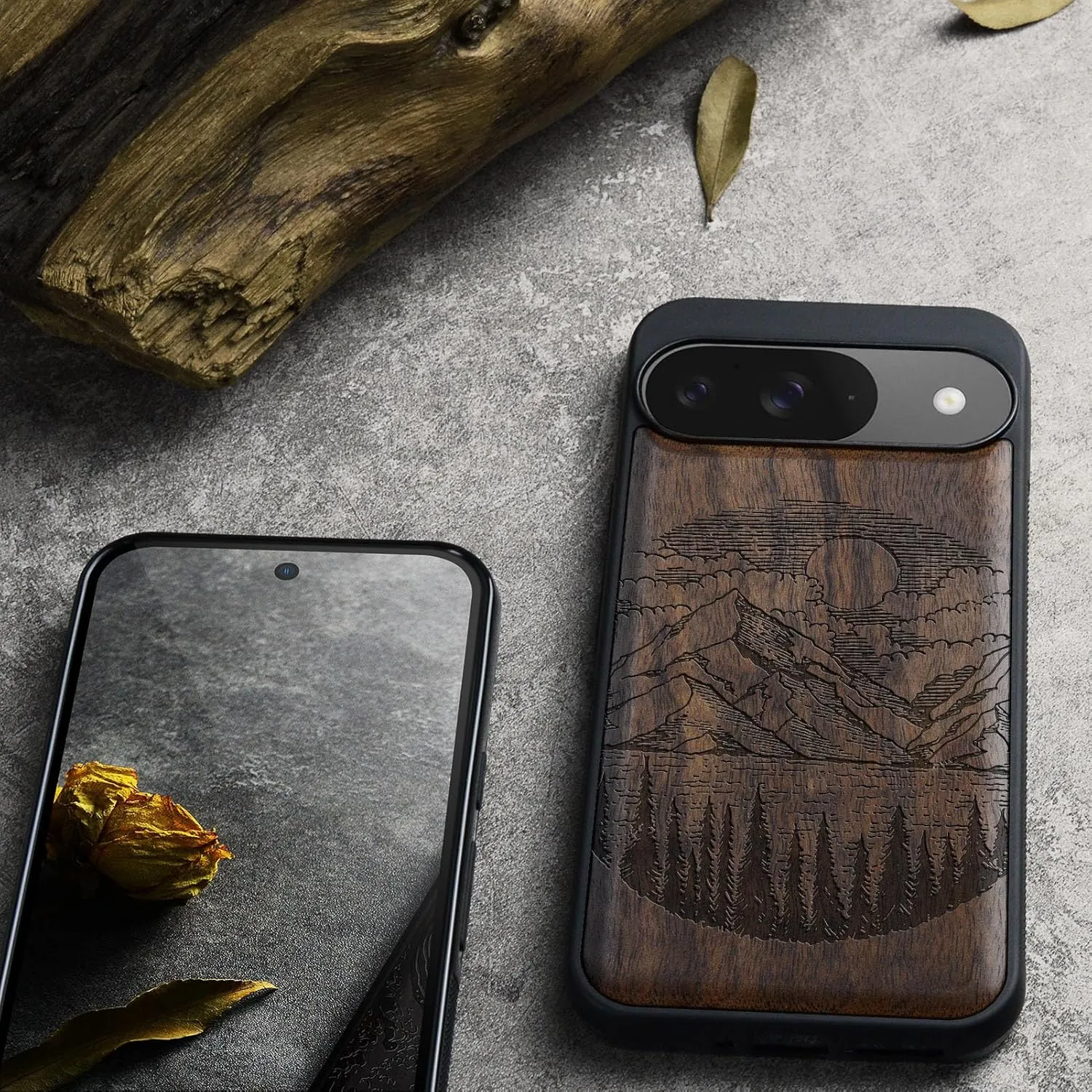 Carveit Magnetic Wooden Case for Google Pixel 9 Case, Wood Artisan Engraved & Soft TPU Shockproof Cover, Compatible with MagSafe Wireless Chargers (Alpine Lakes) Walnut