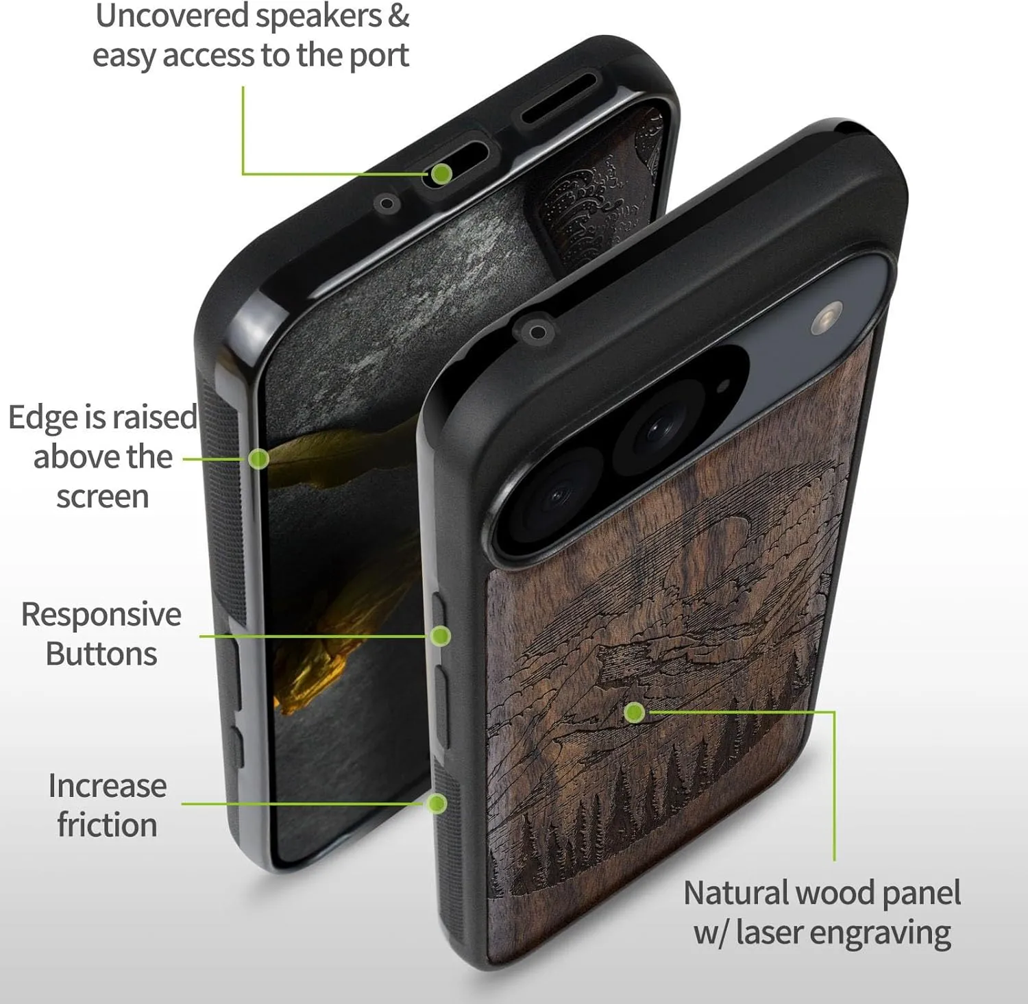 Carveit Magnetic Wooden Case for Google Pixel 9 Case, Wood Artisan Engraved & Soft TPU Shockproof Cover, Compatible with MagSafe Wireless Chargers (Alpine Lakes) Walnut