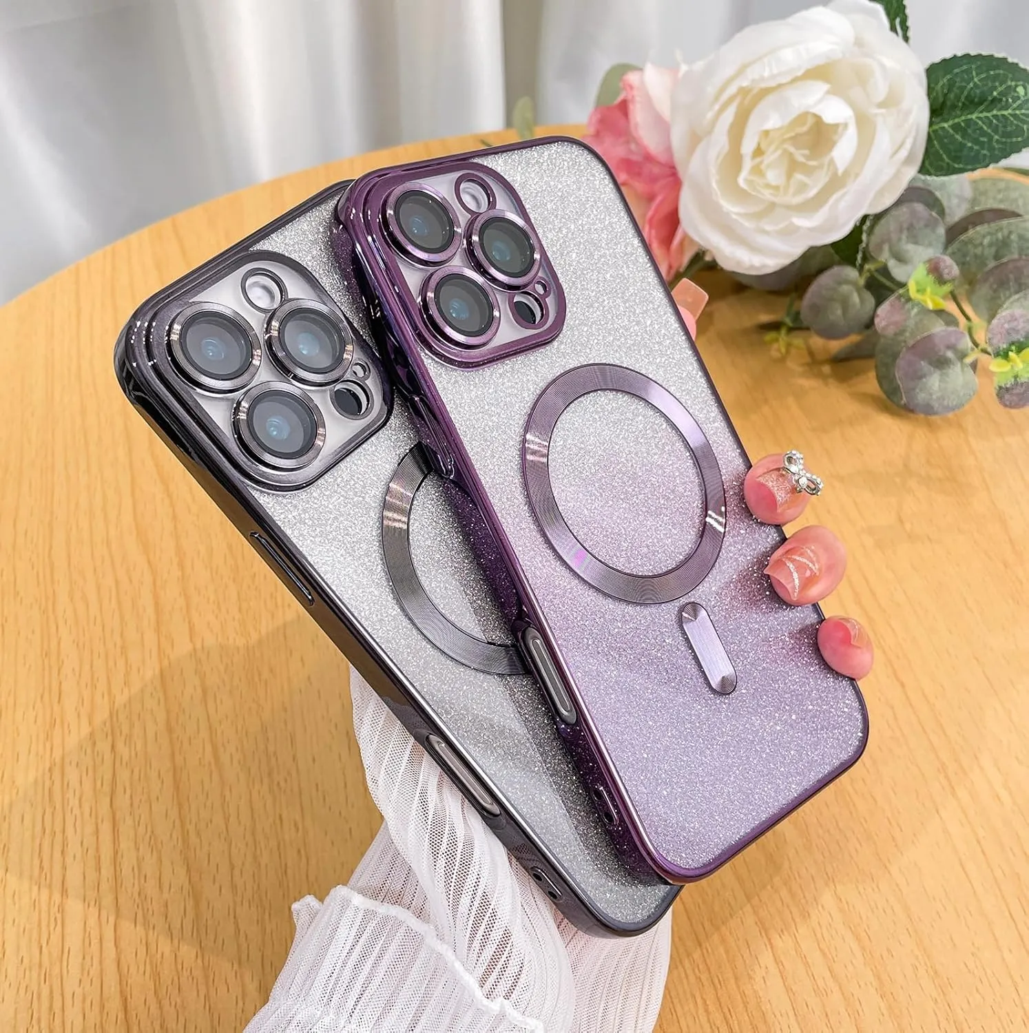 Case Fit for iPhone 16 Pro Max (Compatible with MagSafe) Glitter Bling Case with Camera Lens Protector Soft TPU Shockproof Protection Anti-Scratch Magnetic Phone Cover for Women - Purple