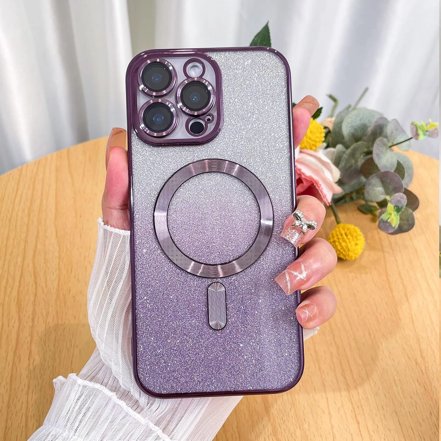 Case Fit for iPhone 16 Pro Max (Compatible with MagSafe) Glitter Bling Case with Camera Lens Protector Soft TPU Shockproof Protection Anti-Scratch Magnetic Phone Cover for Women - Purple
