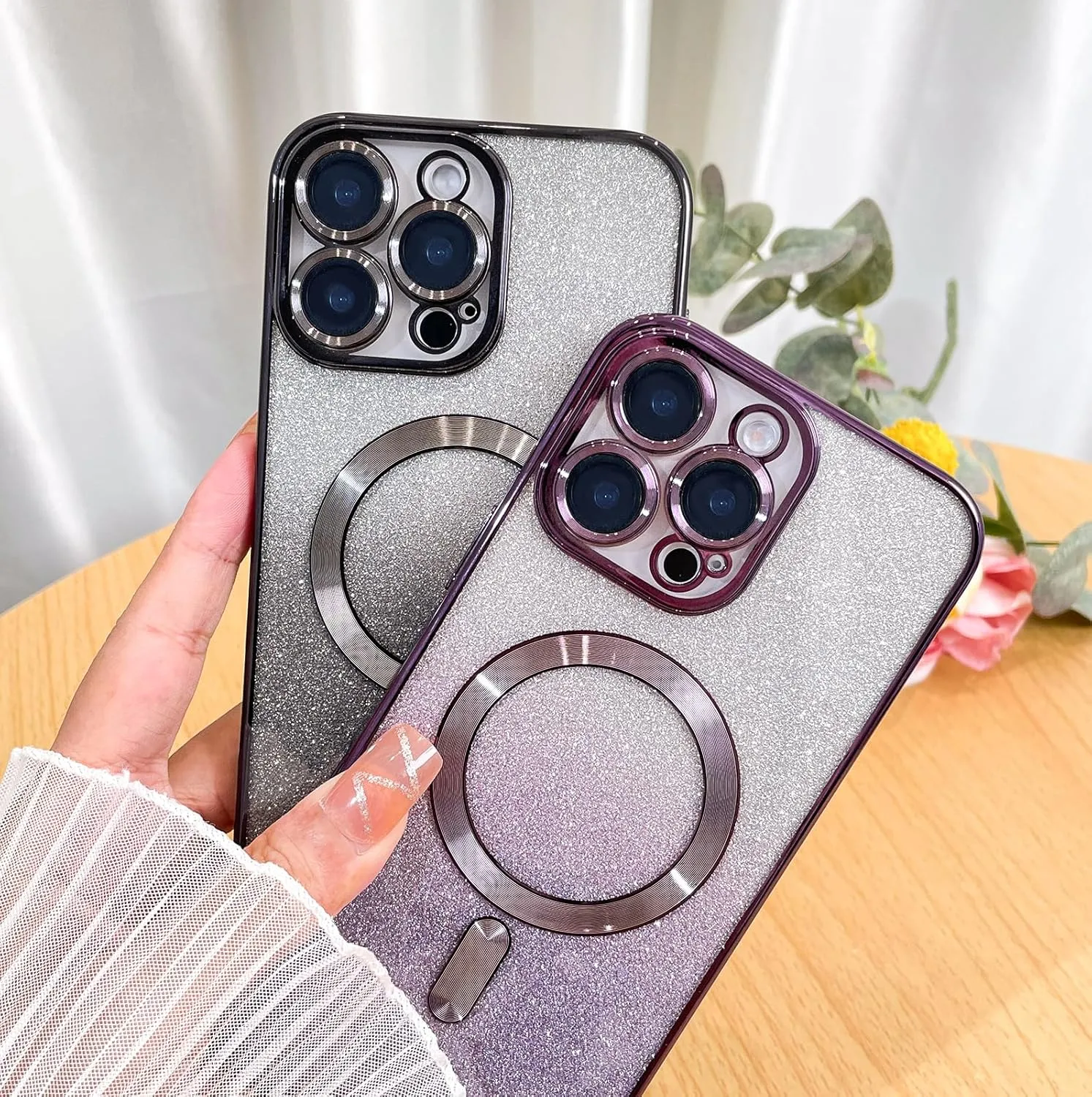 Case Fit for iPhone 16 Pro Max (Compatible with MagSafe) Glitter Bling Case with Camera Lens Protector Soft TPU Shockproof Protection Anti-Scratch Magnetic Phone Cover for Women - Purple