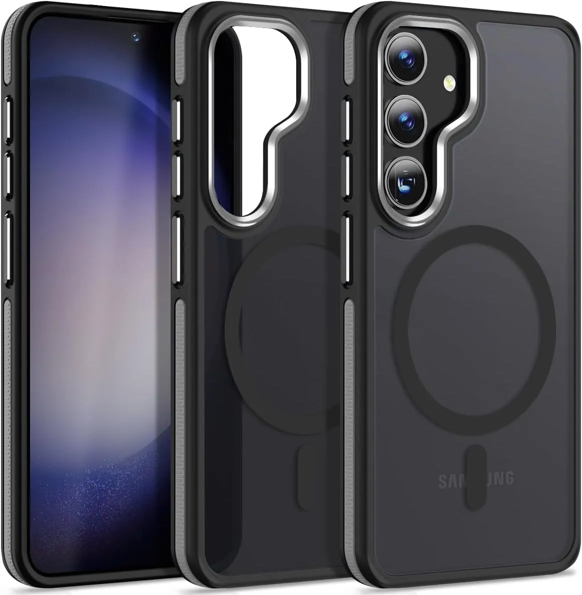 Case for Samsung Galaxy S25 Plus/S25  Compatible with Magsafe, [Non-Slip TPU Edge]&[Camera Frame Protection] for S25 Plus Phone Case, Slim Translucent Matte Galaxy S25  Cover (Black/Grey)