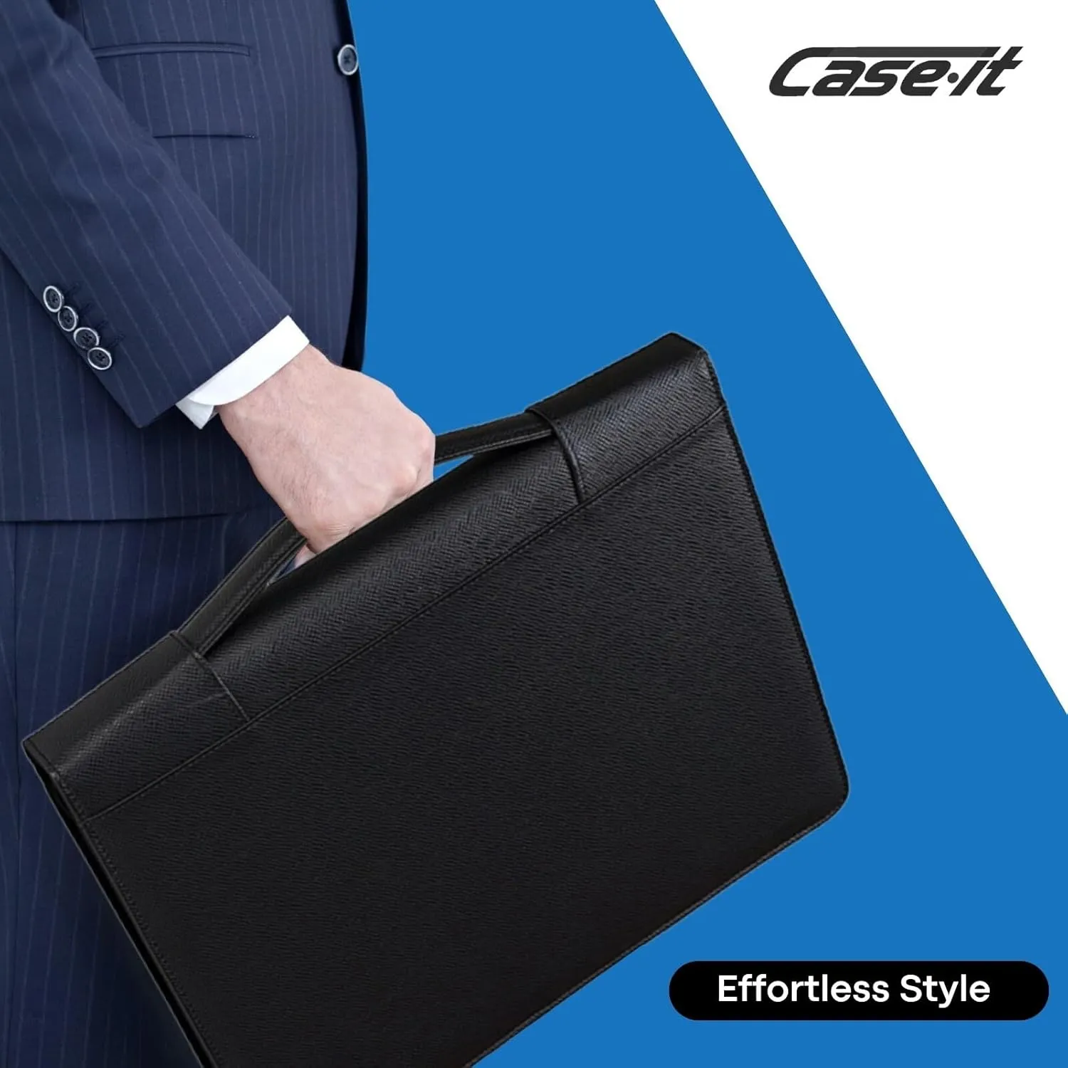 Case-it Executive Zipper Padfolio with Removable 3-Ring Binder and Letter Size Writing Pad, Pebbled Faux Leather Black (PAD-40)