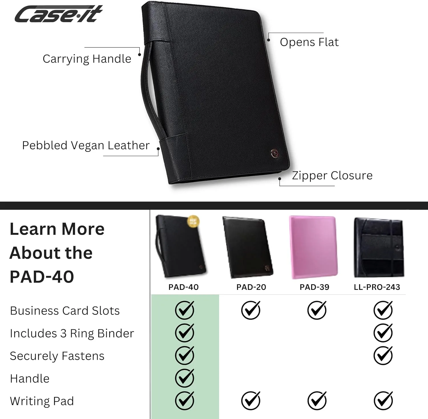 Case-it Executive Zipper Padfolio with Removable 3-Ring Binder and Letter Size Writing Pad, Pebbled Faux Leather Black (PAD-40)