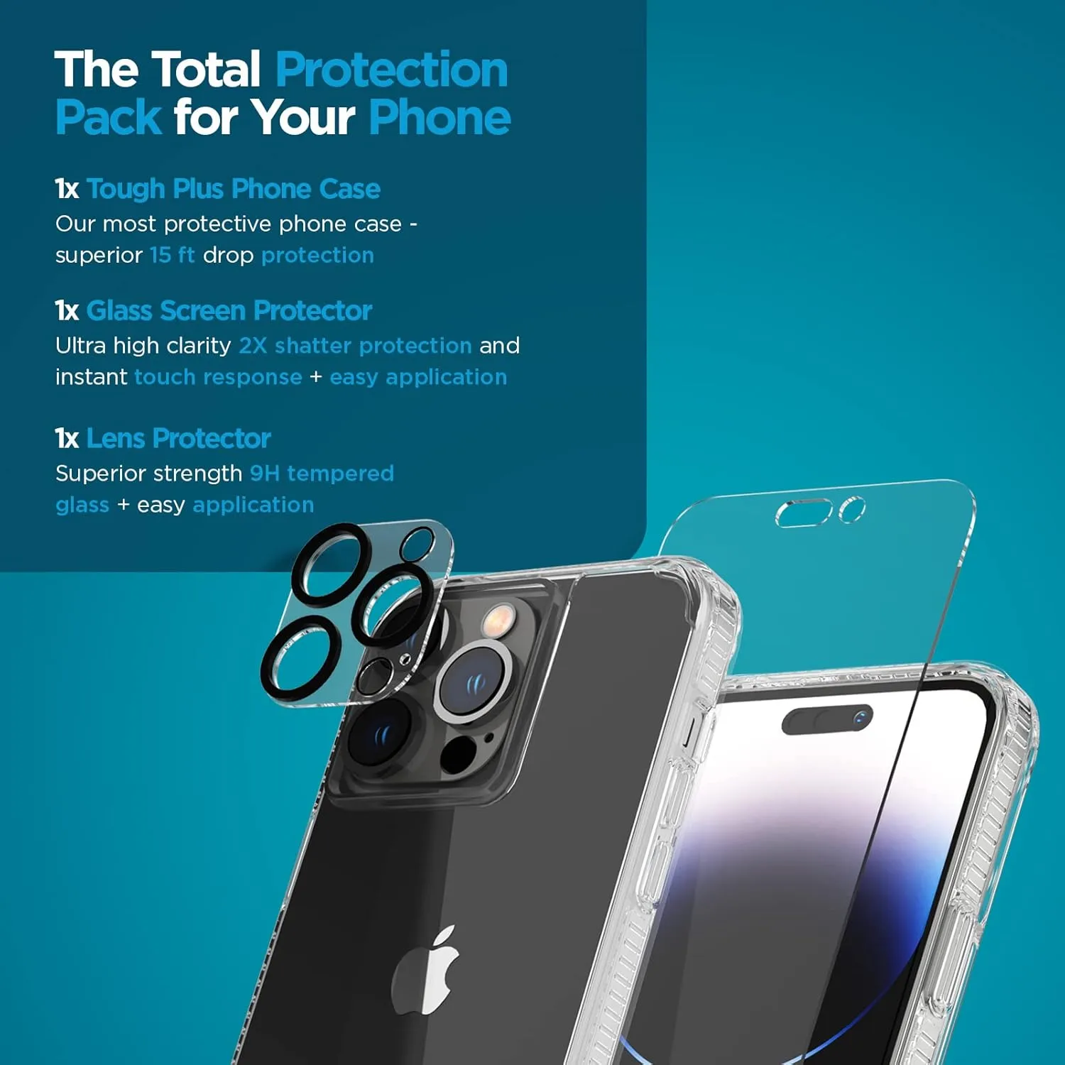Case-Mate [3 in 1 Protection Pack - iPhone 14 Pro Max Case (Tough Clear), Tempered Glass & Lens Protector- 15ft Drop Protection, Wireless Charging Compatible - Anti Yellowing, Shockproof Anti Scratch