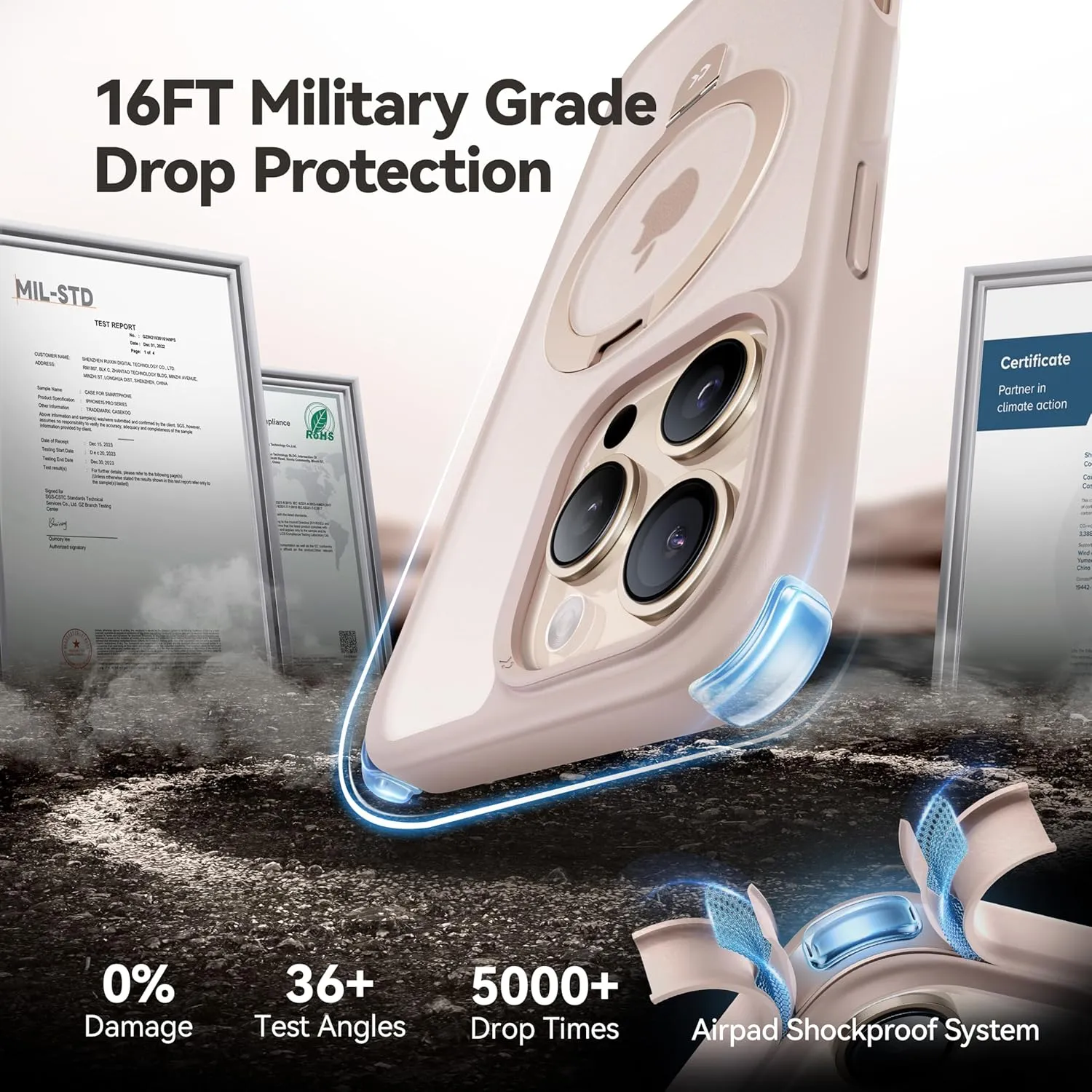 CASEKOO Designed for iPhone 16 Pro Case with Magnetic Invisible Stand [Military Drop Protection] [Compatible with MagSafe] Shockproof Slim Translucent Matte Case 6.3 Inch, Desert Gold
