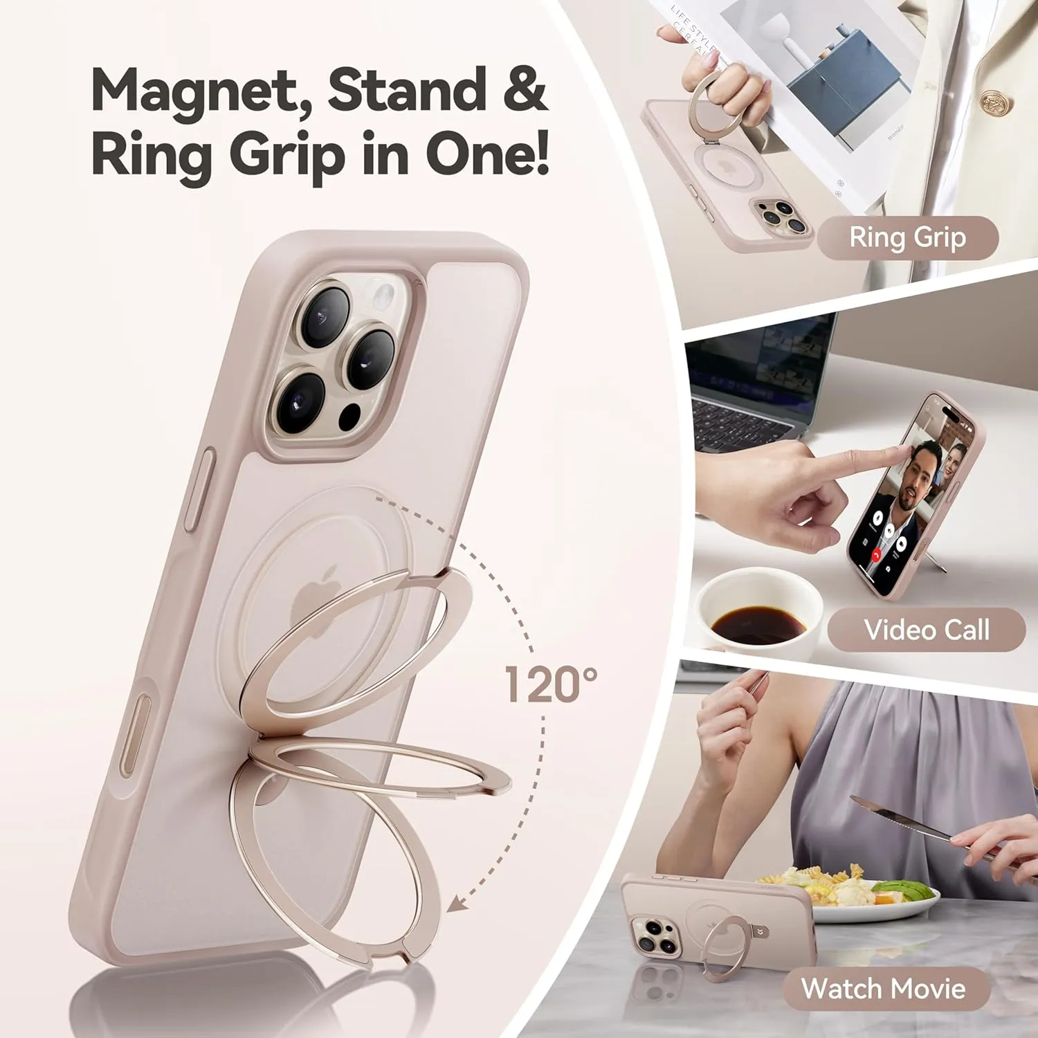 CASEKOO Designed for iPhone 16 Pro Case with Magnetic Invisible Stand [Military Drop Protection] [Compatible with MagSafe] Shockproof Slim Translucent Matte Case 6.3 Inch, Desert Gold