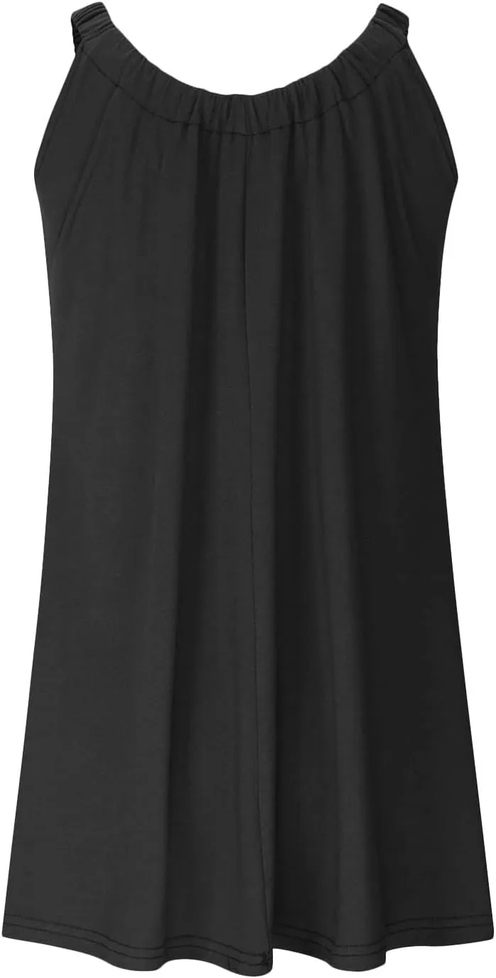 Casual Dresses for Women Solid Round Neck Sleeveless Pleated Swing Dress Summer Beach Travel Sundress