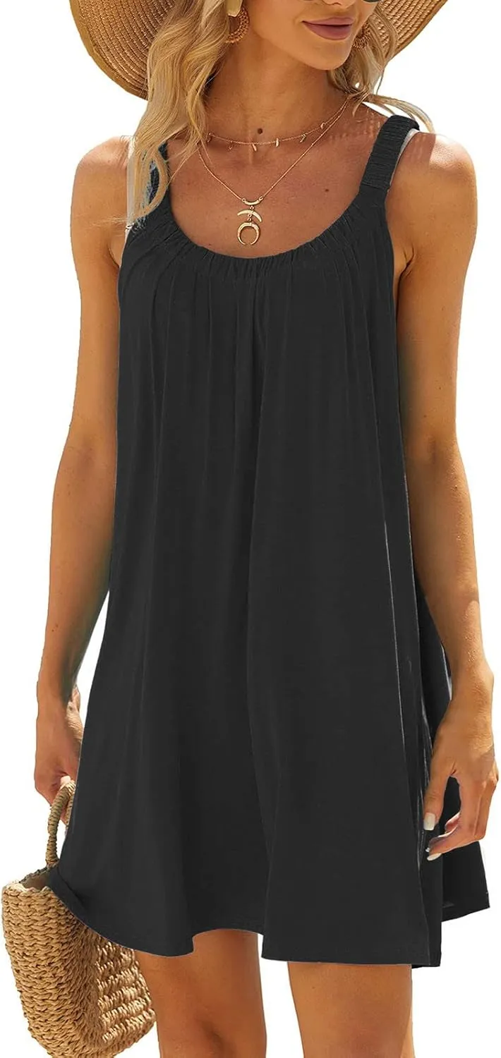 Casual Dresses for Women Solid Round Neck Sleeveless Pleated Swing Dress Summer Beach Travel Sundress