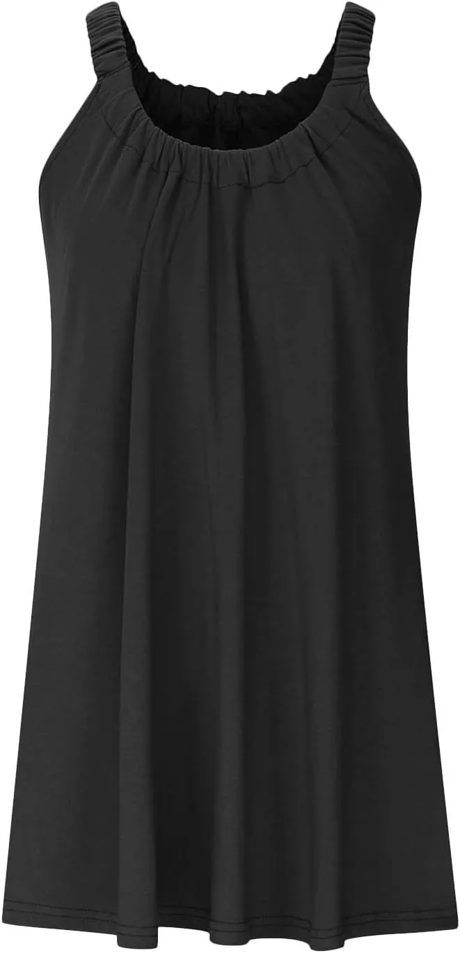 Casual Dresses for Women Solid Round Neck Sleeveless Pleated Swing Dress Summer Beach Travel Sundress