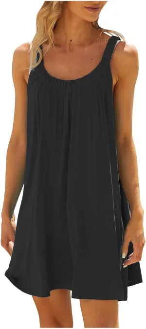 Casual Dresses for Women Solid Round Neck Sleeveless Pleated Swing Dress Summer Beach Travel Sundress