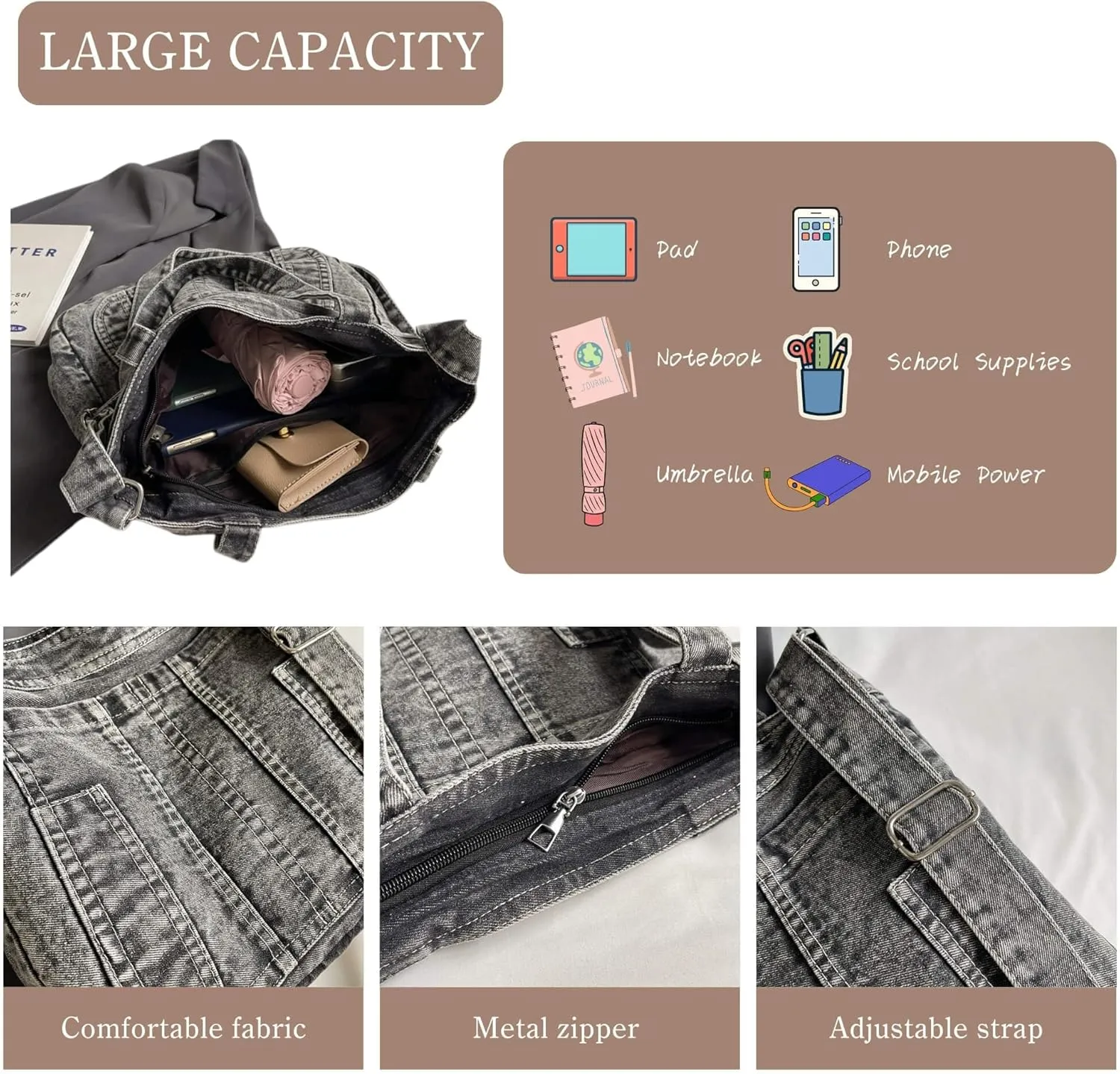 Casual New Jean Tote Bag for Women, Retro Denim Crossbody Shoulder Hobo Bag with Zipper