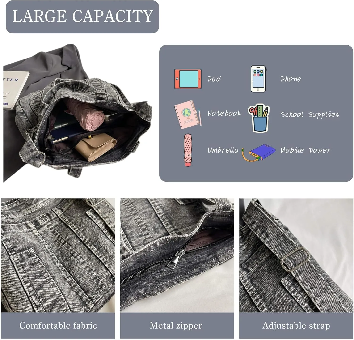 Casual New Jean Tote Bag for Women, Retro Denim Crossbody Shoulder Hobo Bag with Zipper