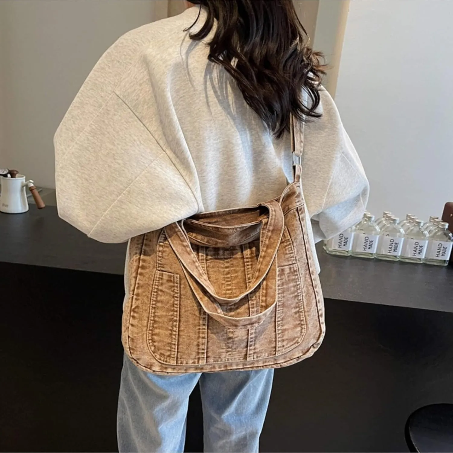 Casual New Jean Tote Bag for Women, Retro Denim Crossbody Shoulder Hobo Bag with Zipper