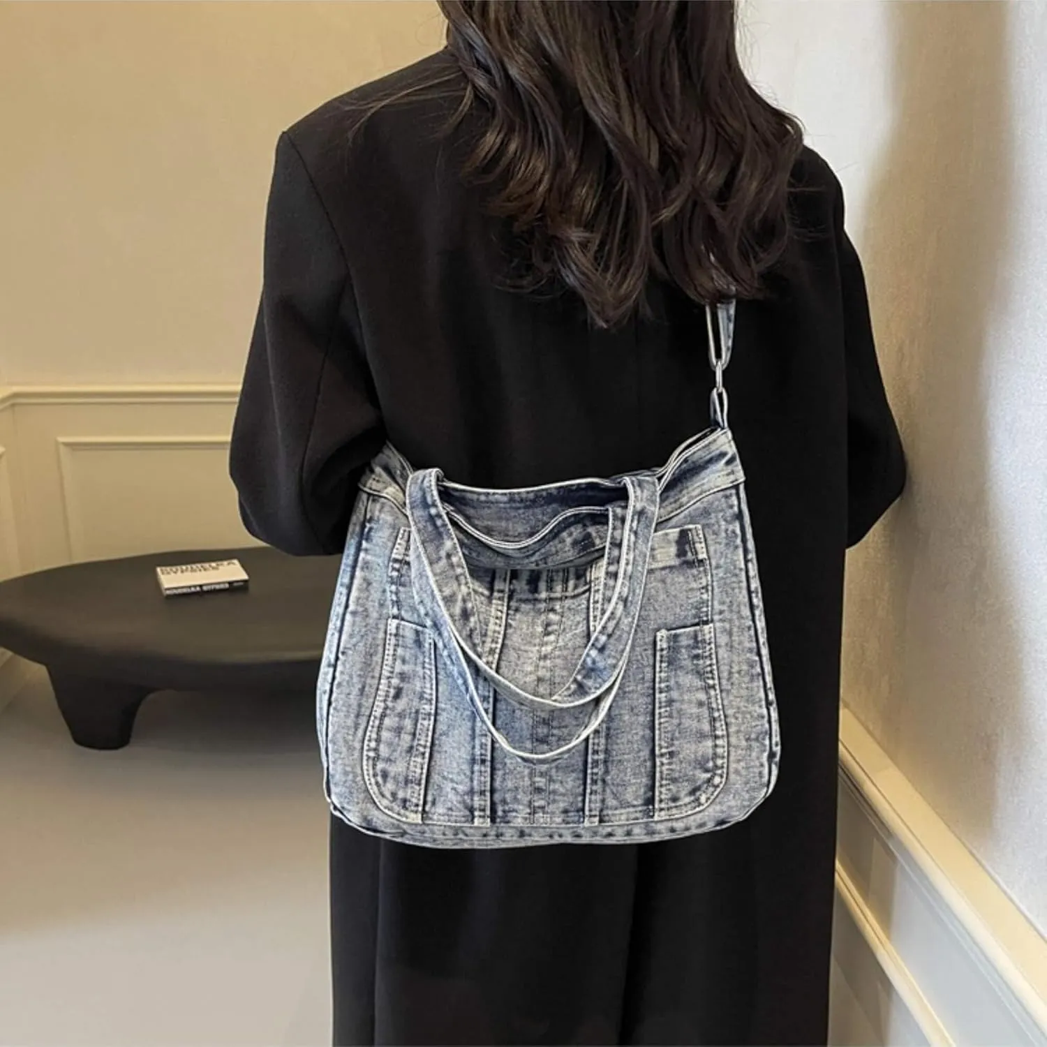 Casual New Jean Tote Bag for Women, Retro Denim Crossbody Shoulder Hobo Bag with Zipper