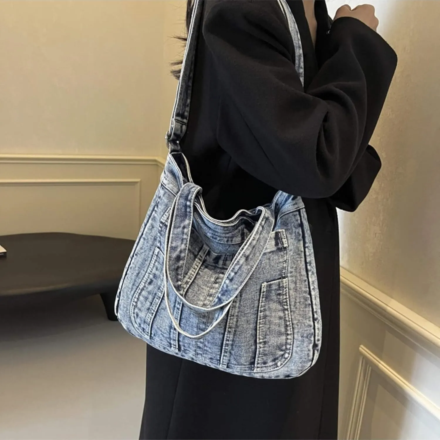 Casual New Jean Tote Bag for Women, Retro Denim Crossbody Shoulder Hobo Bag with Zipper
