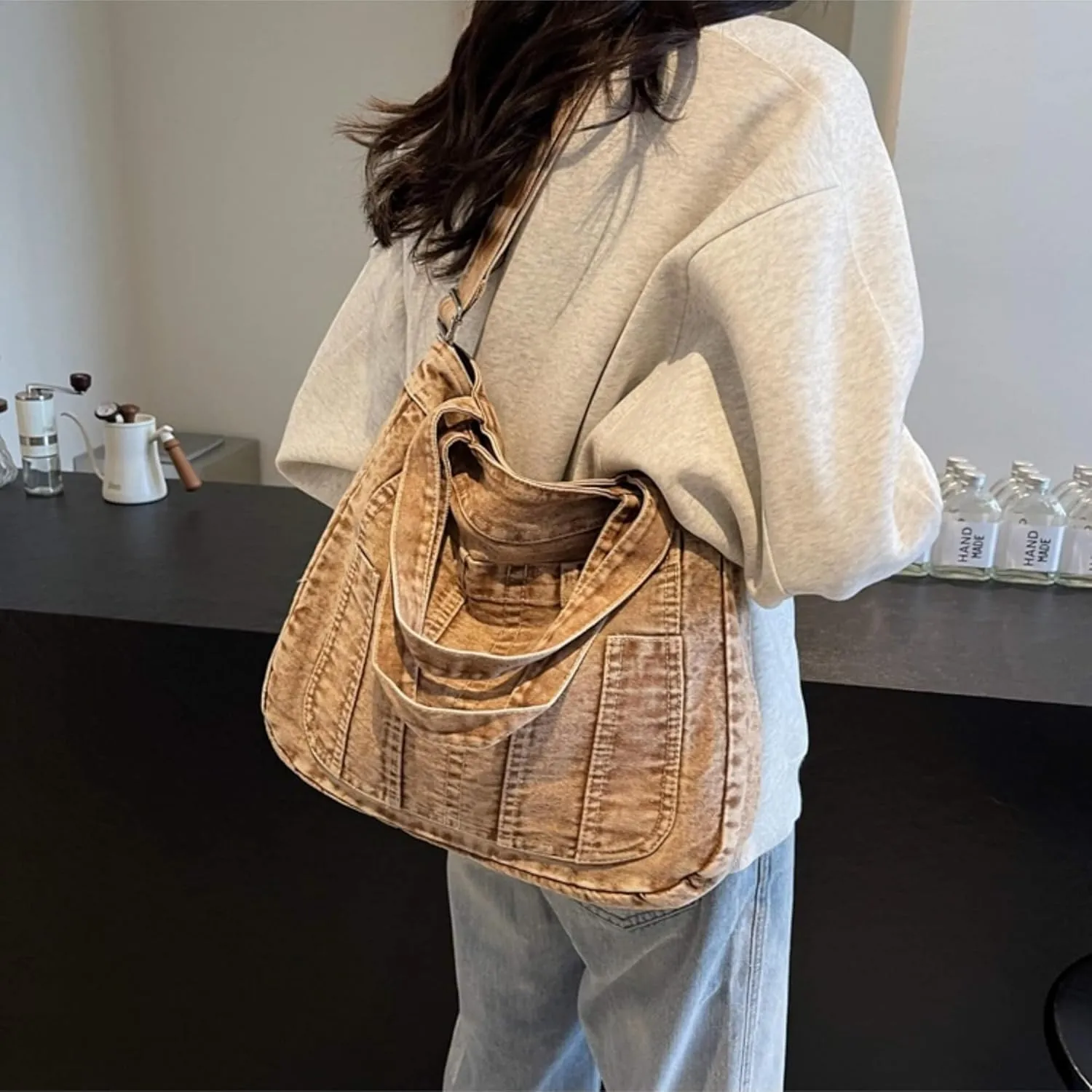 Casual New Jean Tote Bag for Women, Retro Denim Crossbody Shoulder Hobo Bag with Zipper