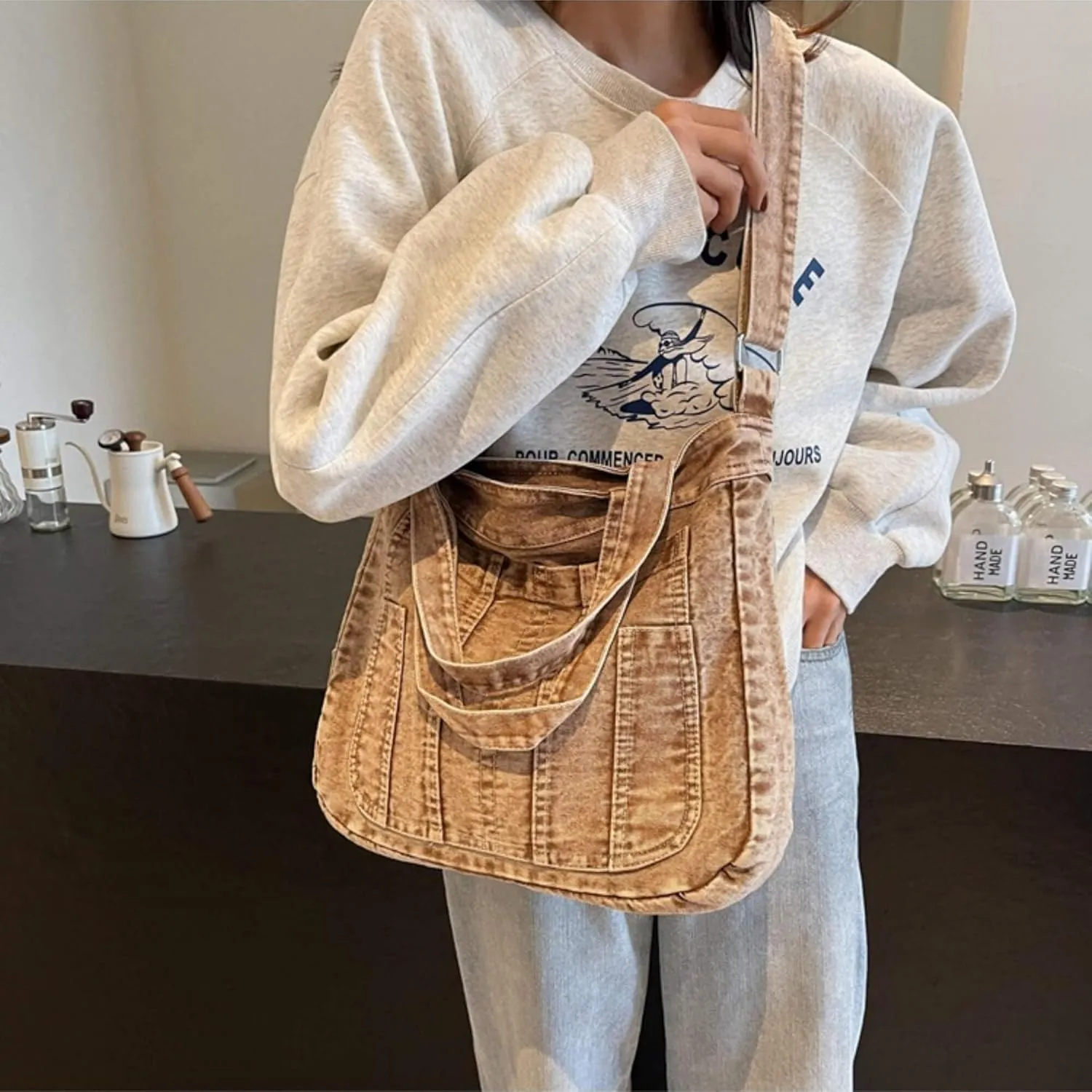Casual New Jean Tote Bag for Women, Retro Denim Crossbody Shoulder Hobo Bag with Zipper
