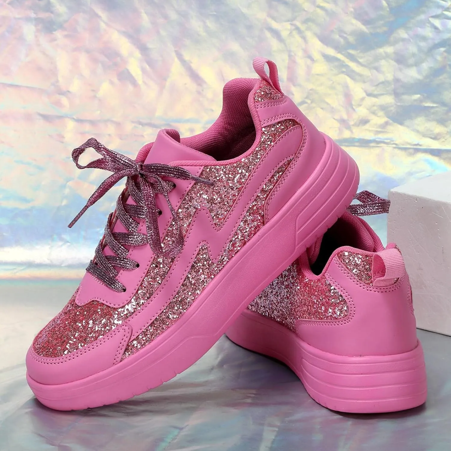 Casual Thick Soled Sneakers New Glossy Fashion Women's Shoes Low Top Lace Up Flat Shoes Couples' Woman's Sandals Size 9