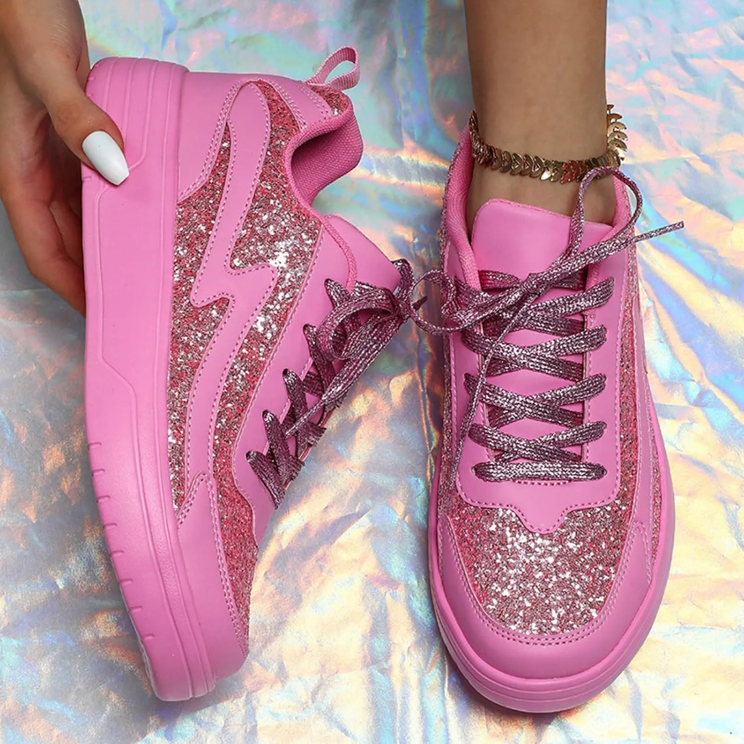 Casual Thick Soled Sneakers New Glossy Fashion Women's Shoes Low Top Lace Up Flat Shoes Couples' Woman's Sandals Size 9