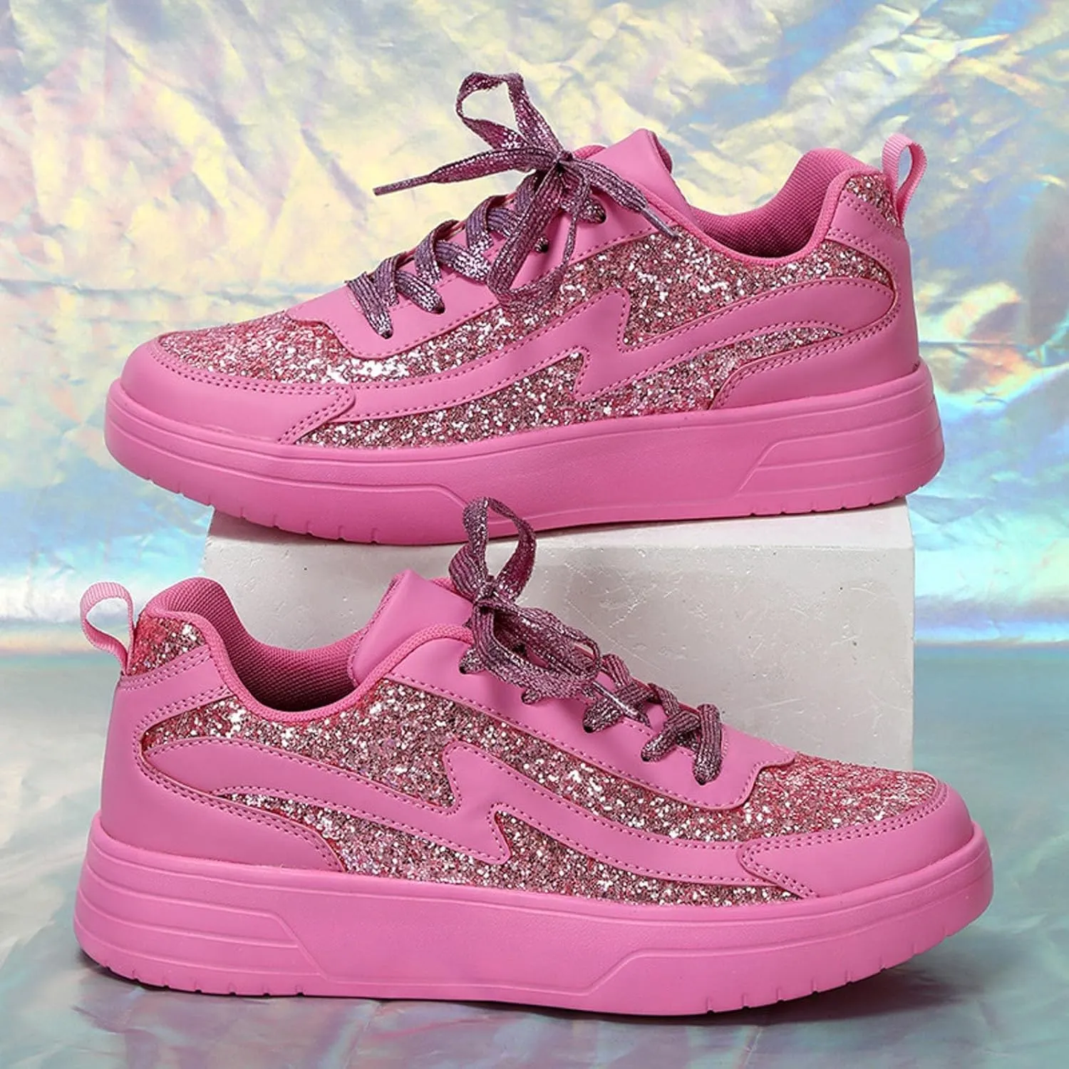 Casual Thick Soled Sneakers New Glossy Fashion Women's Shoes Low Top Lace Up Flat Shoes Couples' Woman's Sandals Size 9
