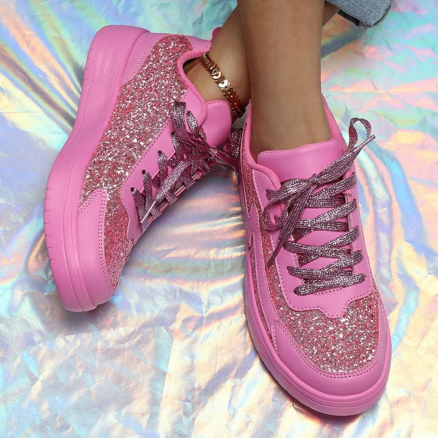 Casual Thick Soled Sneakers New Glossy Fashion Women's Shoes Low Top Lace Up Flat Shoes Couples' Woman's Sandals Size 9