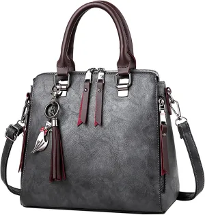 Casual Women Fashion Girls Retro Solid Cat Fringe Shoulder Zip Tote Handbag Bags over Shoulder Bag (Grey, One Size)