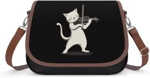 Cat Playing Violin Leather Crossbody Bags for Women Travel Shoulder Backpack Messenger Bag Adjustable Shoulder Strap