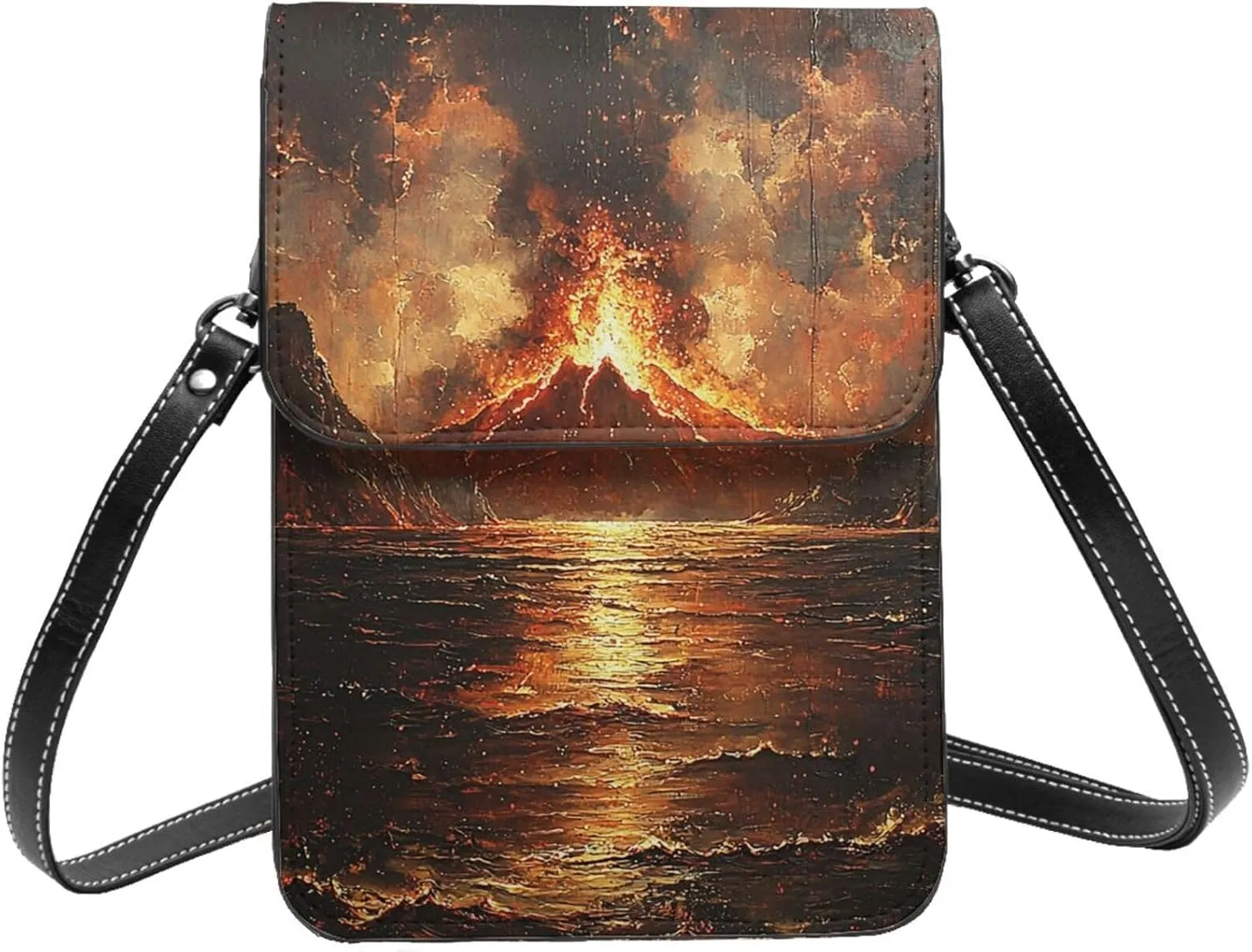 Cell Phone Crossbody Purse Women Leather Handbag with Adjustable Strap, Volcano Lava Flow Vintage