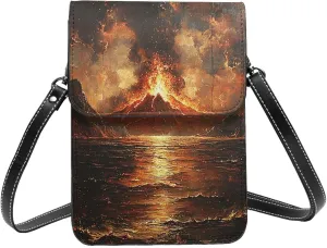 Cell Phone Crossbody Purse Women Leather Handbag with Adjustable Strap, Volcano Lava Flow Vintage