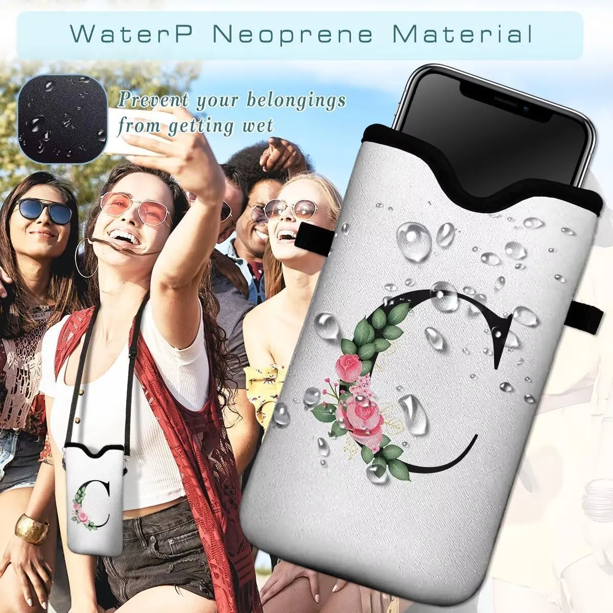 Cell Phone Sleeves Bag Case Crossbody Neoprene Holder Lanyard Phone Pouch for Women Men 7.5 X 4.5 Inches - Letter_C