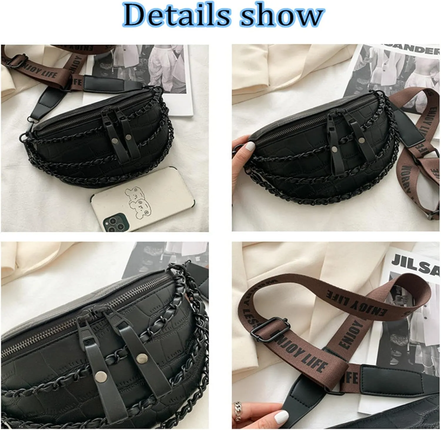 Chain Fanny Pack,Fashion Match Various Styles Of Clothes Bum Bag,Pu Mat Trend Design Belt Bag,Strong Durable Easy Storage Crossbody Bag,Fashionable Wearable Items With Rich Usage Scenarios (khaki)