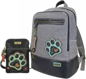 CHALA Cacual Striped Backpacks Purse with Adjustable Strap -15" x 11.5" x 6" (Black Paw Print Backpack and Crossbody Purse Bundle)